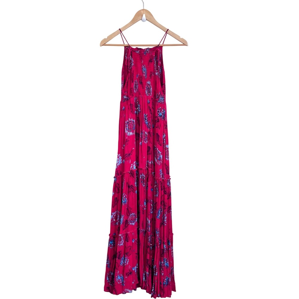 Free People Garden Party Tiered Smocked Maxi Dress Size S Red Boho Floral Flowy - Picture 3 of 10